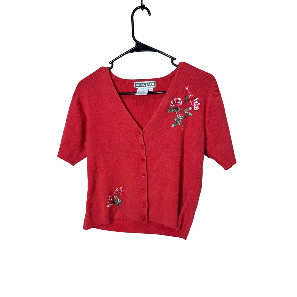 Dress Barn Women pink Short Sleeve Embroidered Rose Cardigan Sweater Size 8